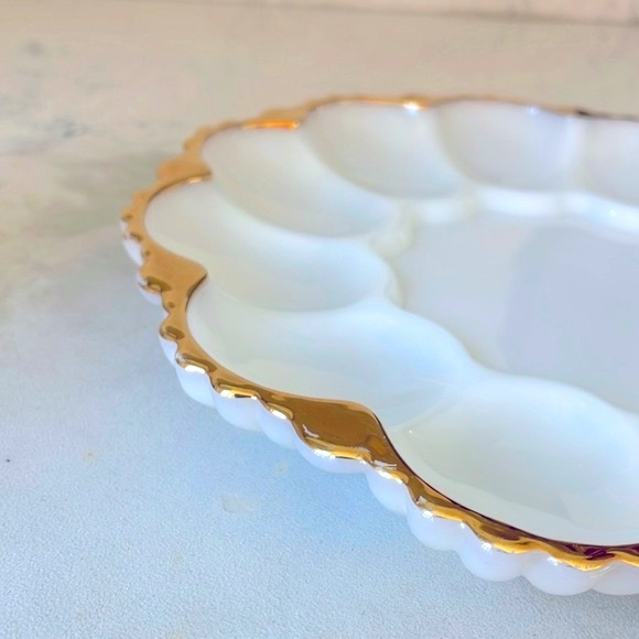 Fire King Milk Glass 22k Gold Deviled Egg Oyster Tray 10” Made by Anchor Hawking - Picture 3 of 6